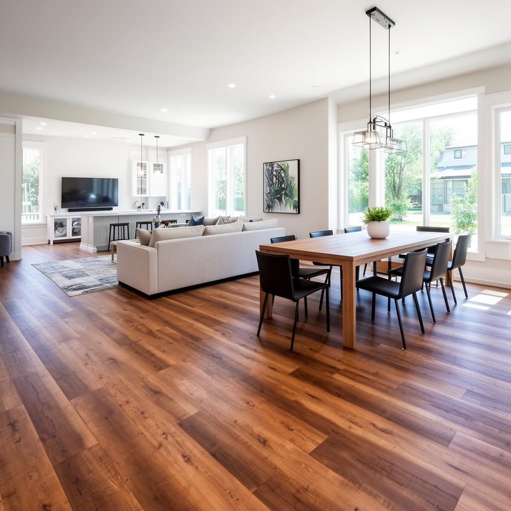 Open living area with continuous flooring across the main floor